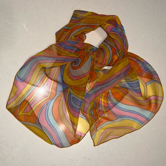 Sheer Paisley 1970s Mod Scarf /Ponytail Tie/Wrap Orange/Pink/Blue/Yellow 15”x44” - Picture 7 of 16
